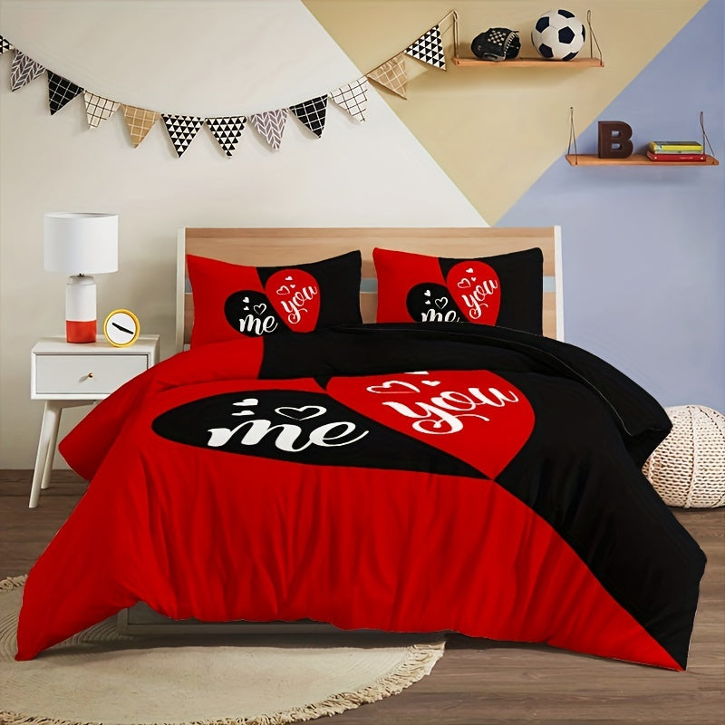 3pcs Duvet Cover Set, Black And Red Heart Pattern Bedding Set, Soft Duvet Cover For Bedroom, Guest Room (1*Duvet Cover + 2*Pillowcase, Without Core)