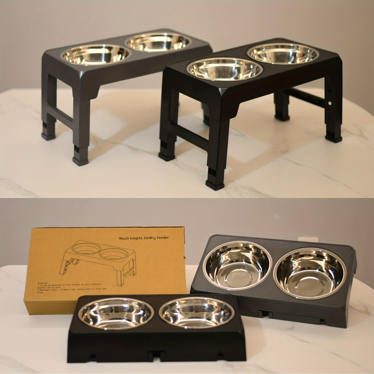 Multi Heights Folding Feeder, Raised Dog & Cat Bowls - Adjustable Heights & Stainless Steel - Perfect for Small & Large Pets!