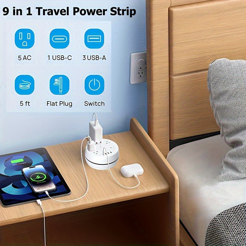 Travel Power Board, Retractable Power Board, With 5 AC Sockets And 3 USB Ports (1 USB C), American Standard Three Plug 51.18 Inch Retractable Extension Cable, Essential For Cruise Ships, Suitable For Travel Hotels, White