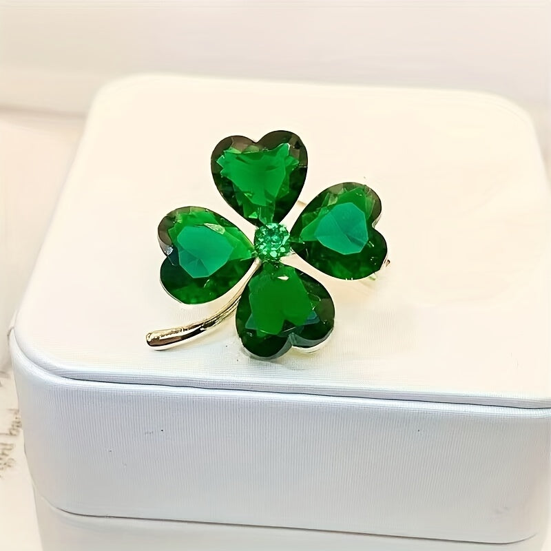 Good Luck Charm: Lucky Green Four-Leaf Clover Crystal Brooch for Women's Clothing and Accessories