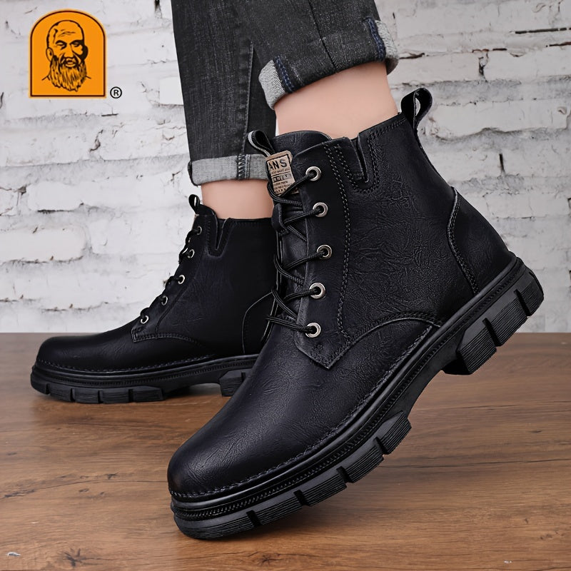 LAORENTOU Men's Trendy Solid Ankle Boots With Lined Fuzz, Waterproof Wear-resistant Non Slip Lace-up Boots For Outdoor Casual