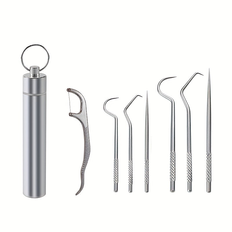 7pcs Stainless Steel Professional Dental Cleaning Kit - Reusable Toothpicks, Portable Floss & Teeth Cleaner - Perfect for Home Use!