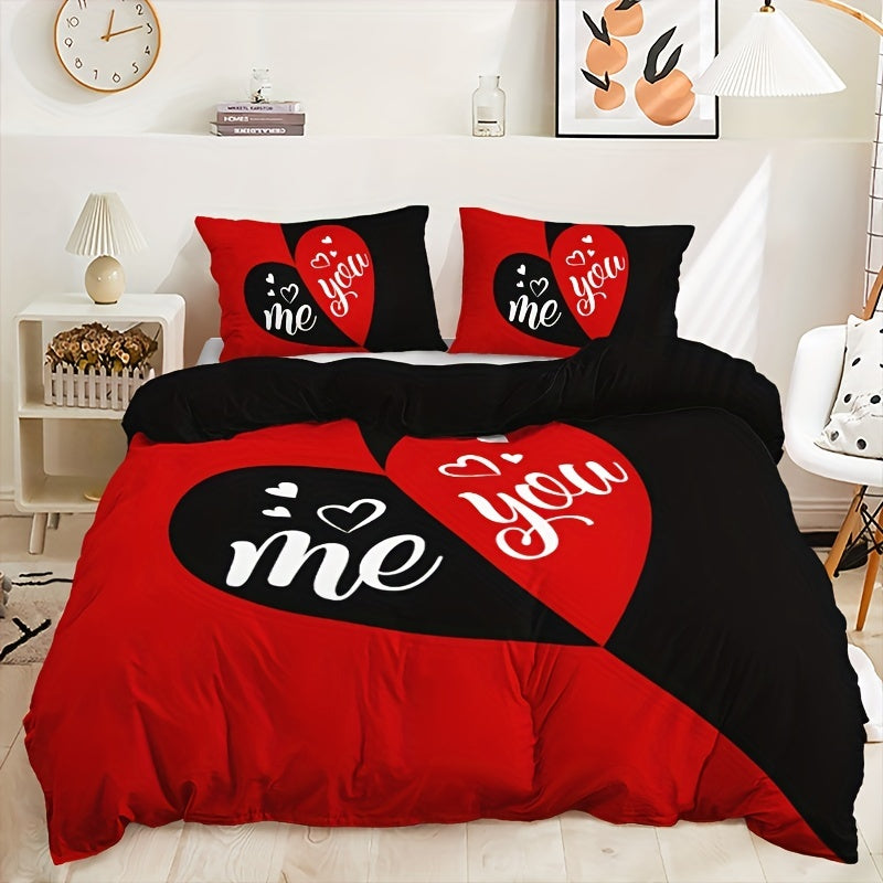 3pcs Duvet Cover Set, Black And Red Heart Pattern Bedding Set, Soft Duvet Cover For Bedroom, Guest Room (1*Duvet Cover + 2*Pillowcase, Without Core)