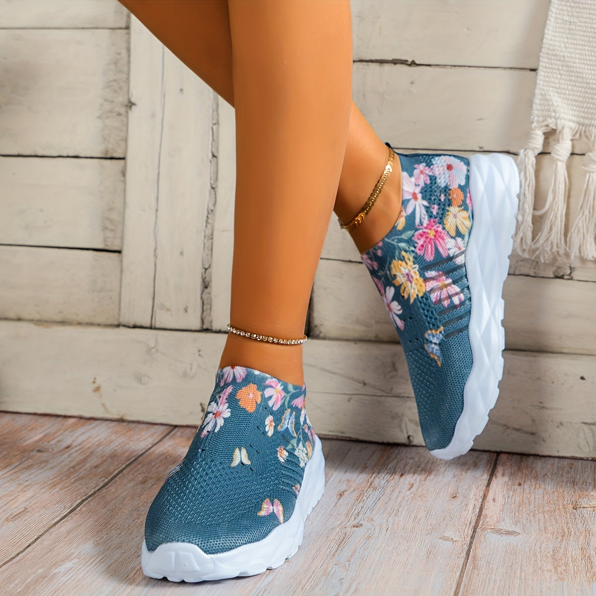 Femme Strass Décor Sneakers, Floral &amp; Papillon Imprimer Slip On Chaussures, Chaussures de course en tricot respirant