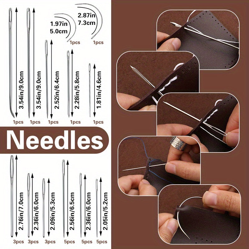 52 Pcs Leather Sewing Kit Upholstery Repair Sewing Tools With Large-Eye Stitching Needles, Sewing Awl, Sewing Thread, Waxed Thread, Thimble, Leather Craft Tool For Beginners And Professionals