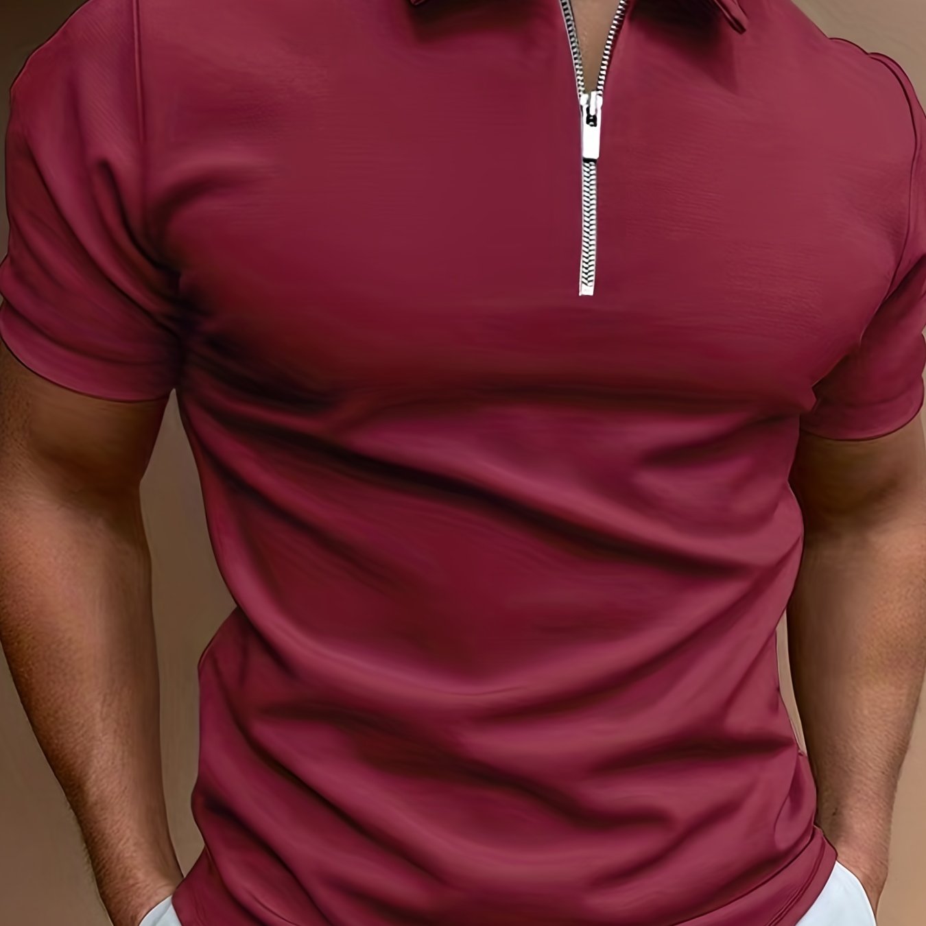 Plus Size Men's Solid Color Shirt, Lapel Zipper T-shirt, Male Casual Streetwear