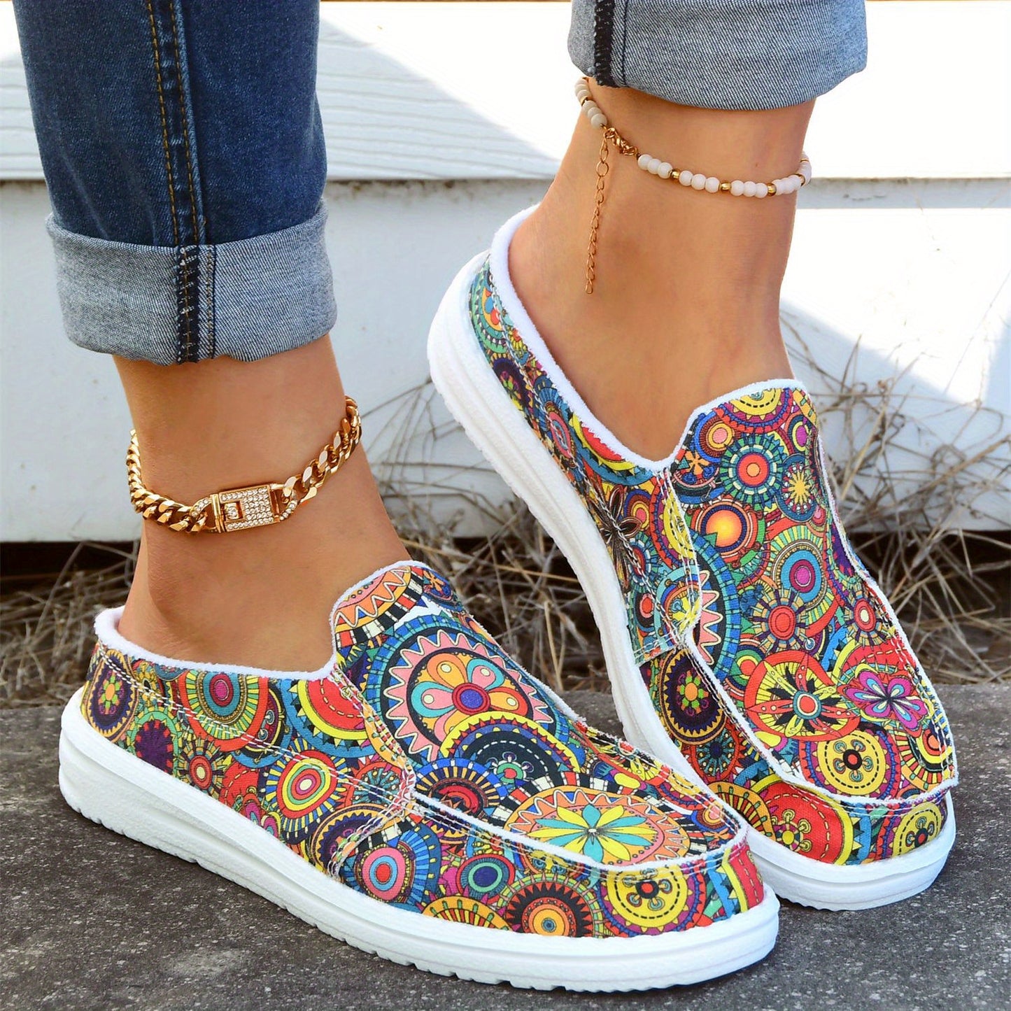 Women's Colorful Floral Print Canvas Shoes, Fashion Slip On Flat Backless Loafers, Casual Walking Shoes