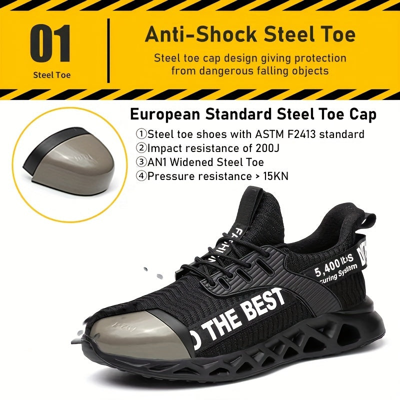 Men's Work Safety Shoes, Puncture Proof Anti-skid Steel Toe Outdoor Work Shoes, Rubber Sole Breathable Industrial Construction Sneakers