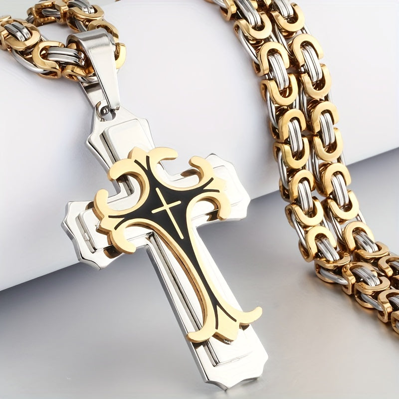 Men's Vintage Flat Handmade Necklace With Multilayer Golden Black Stainless Steel Cross Pendant Necklace Jewelry