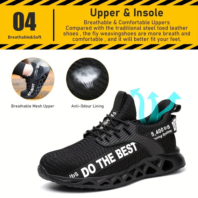 Ten en cuenta los zapatos de seguridad de trabajo antideslizantes a prueba de pinchazos para hombres, zapatillas de deporte de construcción industrial de punto tejido transpirable