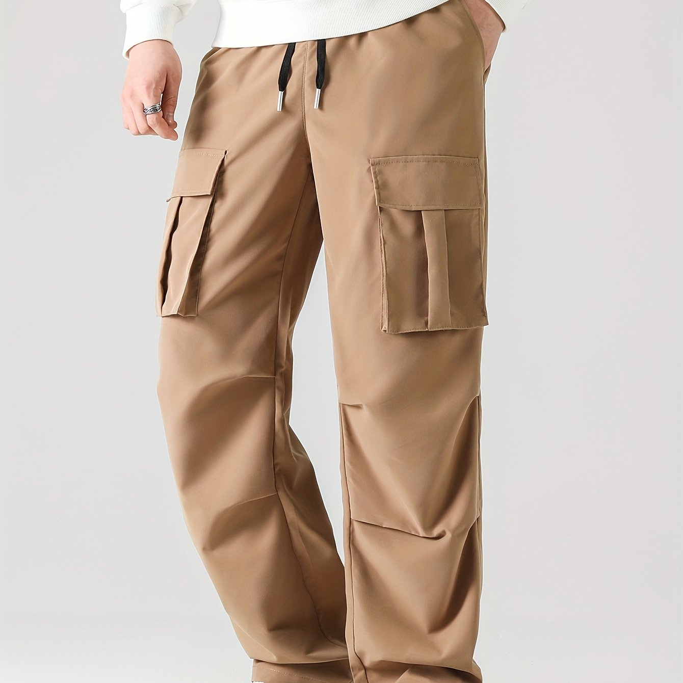 Men's Stylish Solid Color Multiple Pockets Cargo Pants, Casual Drawstring Oversized Loose Pants For Spring Fall Plus Size