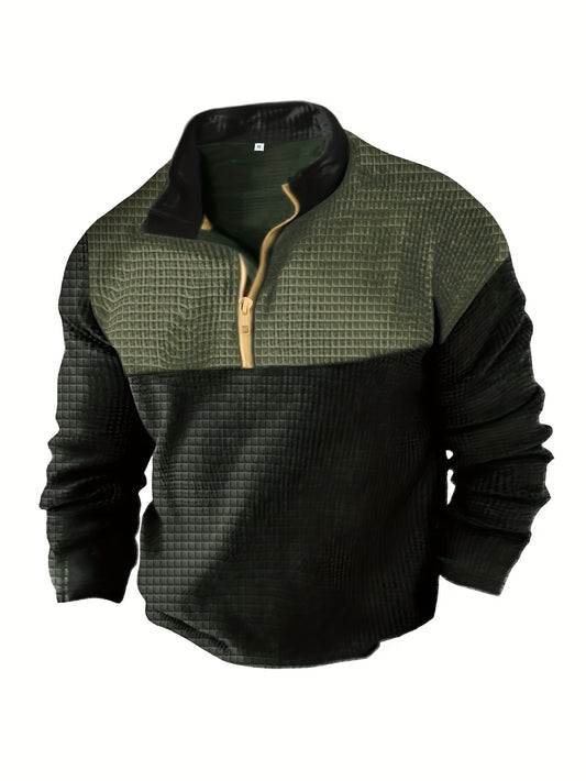 Waffle Men's Color Block Long Sleeve Zipper Stand Collar Henley Shirt, Spring Fall Sports, Running Training
