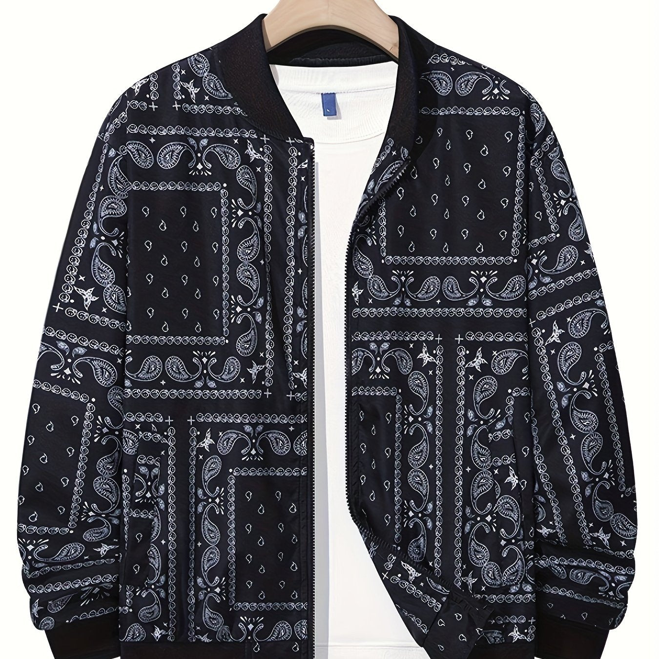 Men's Plus Size Casual Jackets, Paisley Scarf Print Bomber Jacket Without Hoodie