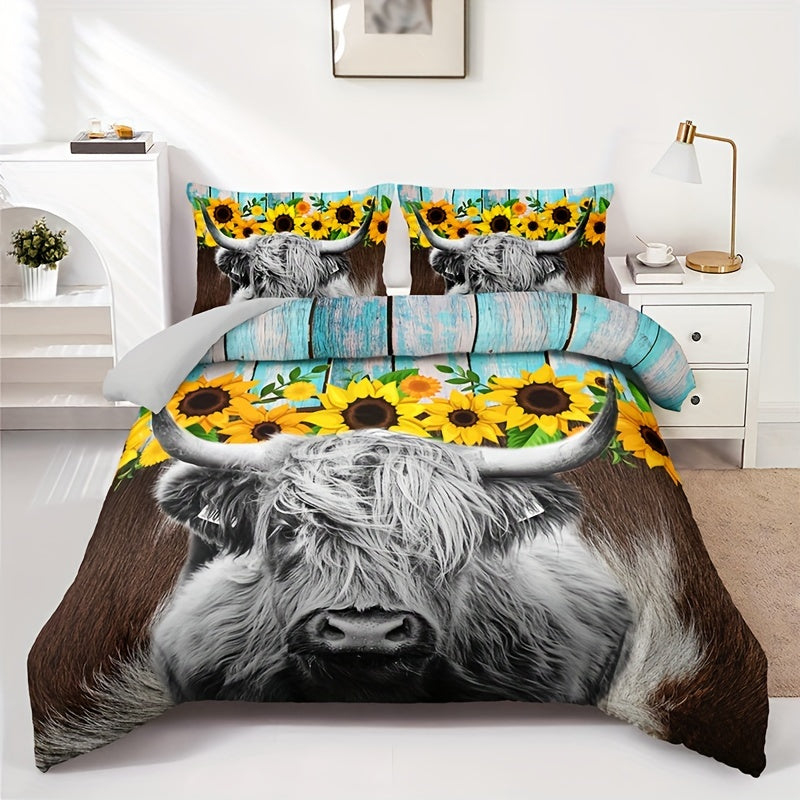 3pcs Soft and Comfortable Highland Cow Sunflower Print Duvet Cover Set for Bedroom and Guest Room - Includes 1 Duvet Cover and 2 Pillowcases (Core Not Included)