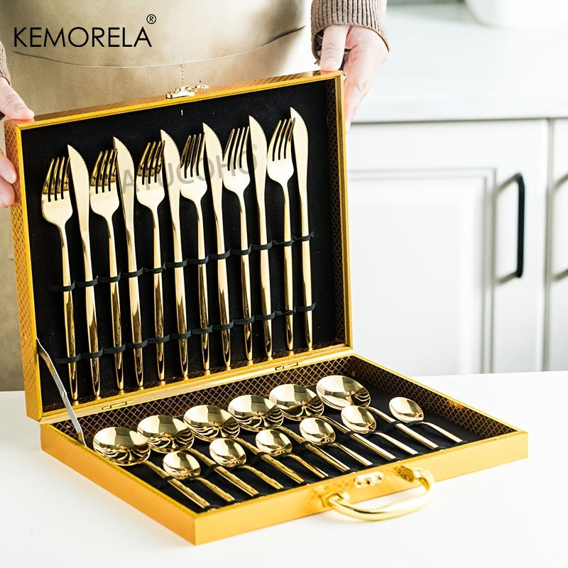 24pcs Elegant Tableware Set, Stainless Steel Mirror Polished Silverware Set, Golden \u002F Silvery Flatware Set With Gift Box, Wedding Dining Household Fork Spoon Knife Cutlery Set, Kitchen Accessories