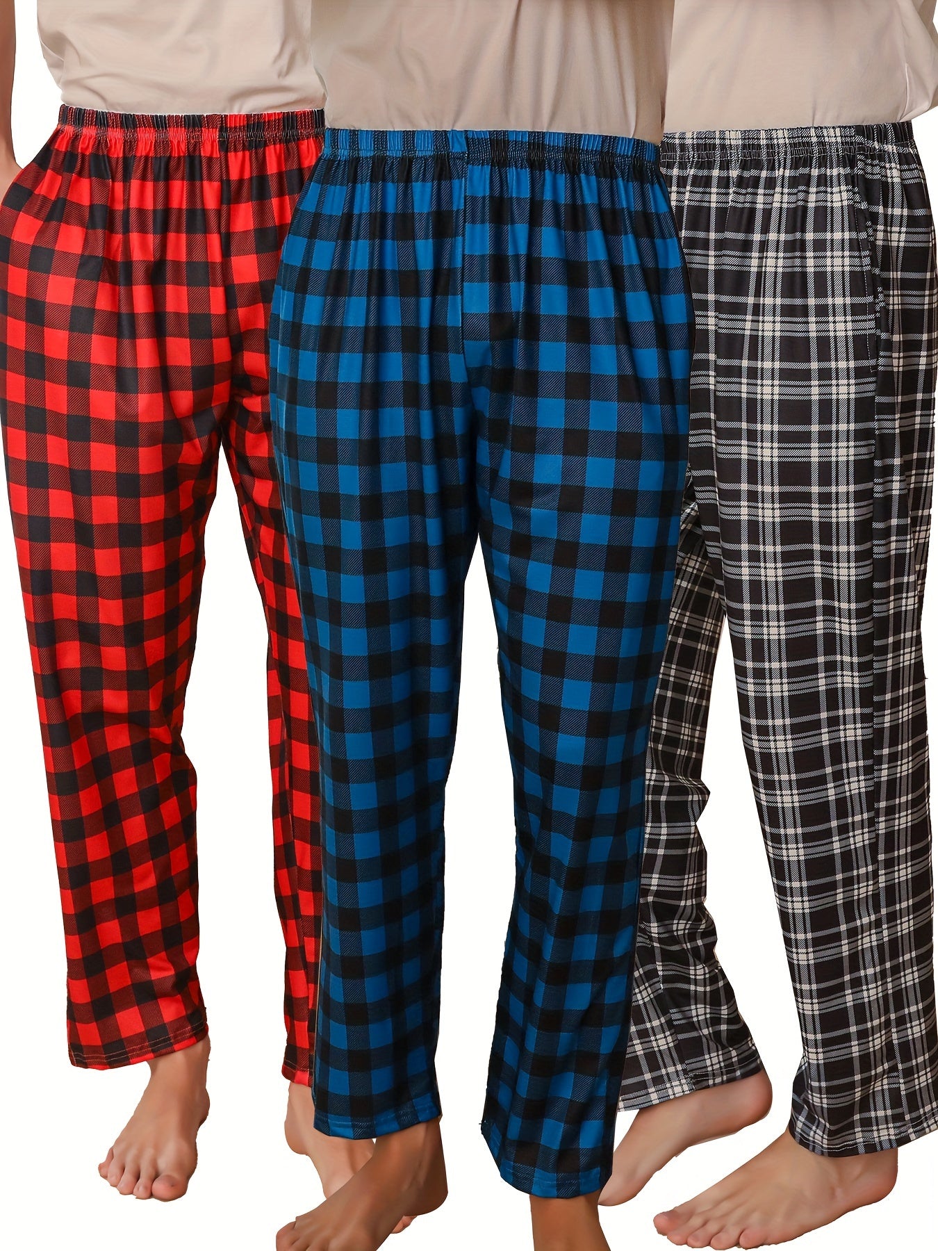 3pcs Men's Simple Style Plaid Pattern Casual Comfy Pants, Trendy Loose Stretchy Elastic Waist Home Pajamas Bottom, Suitable For Sleeping Home