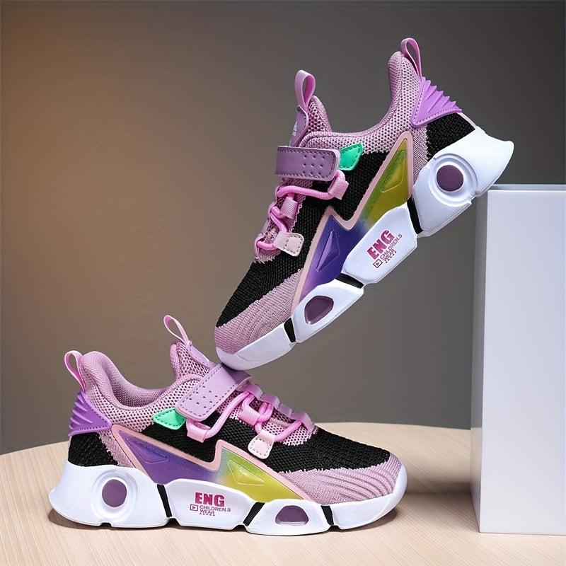 Girls Trendy Color Block Breathable Lace-up Sneakers, Children's Outdoor Non-slip Platform Running Shoes