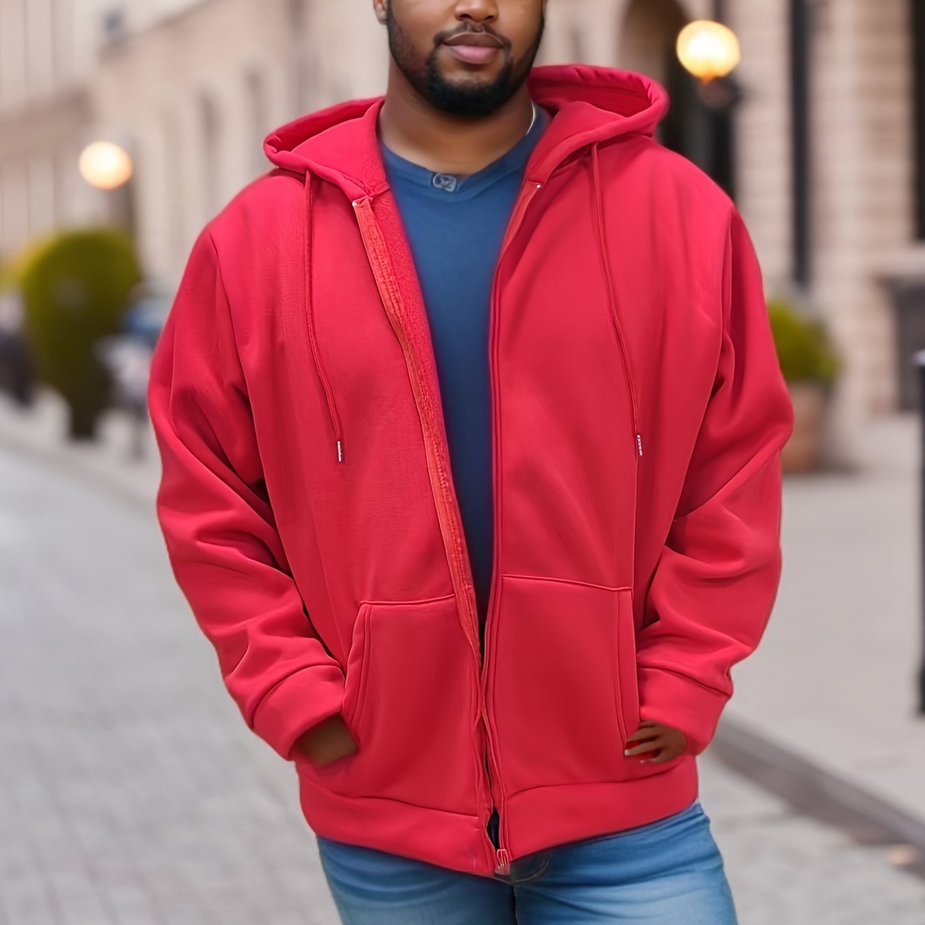 Plus Size Men's Solid Hoodies Oversized Hooded Jacket With Zipper For Fall Winter, Men's Clothing