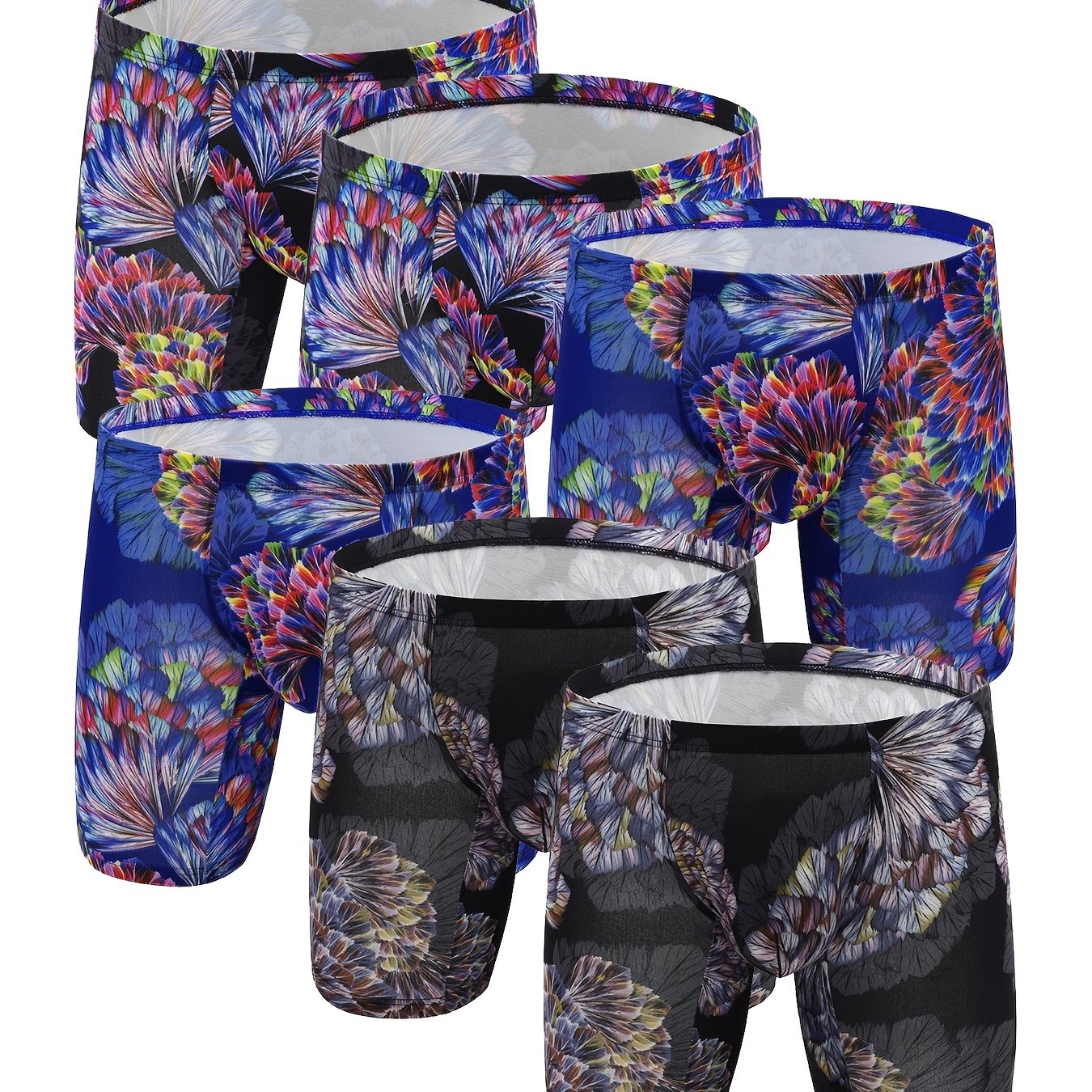 6 peças masculinas com padrão de flores, personalidade da moda, cuecas boxer de perna longa, respiráveis, confortáveis, de secagem rápida e elásticas, cuecas boxer em forma de U, calcinhas com bolsa convexa em forma de U, roupas íntimas masculinas