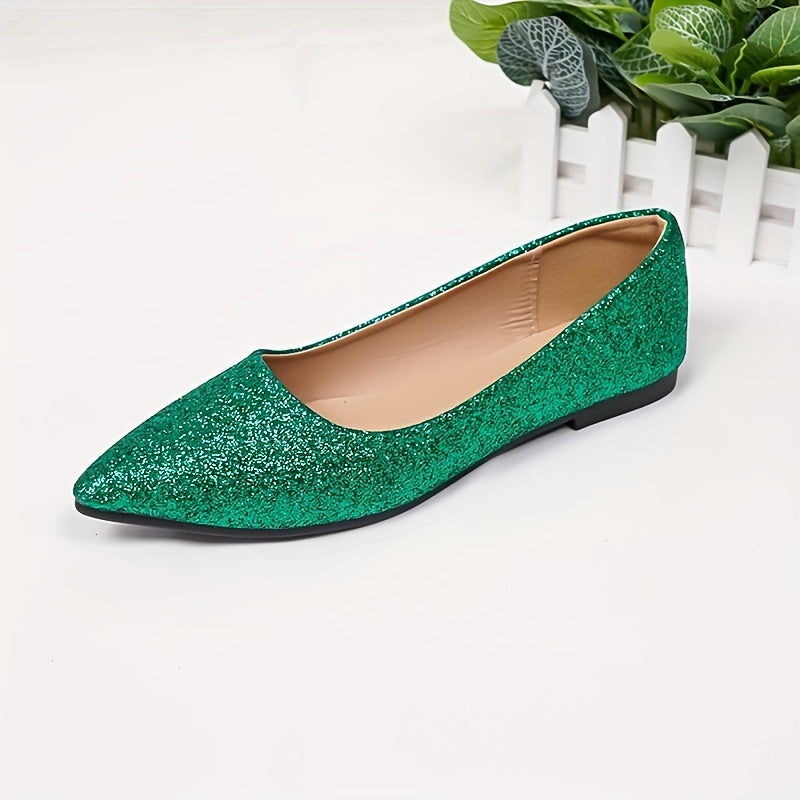 Women's Glitter Design Flat Shoes, Elegant Point Toe Slip On Shoes, Lightweight & Comfortable Shoes