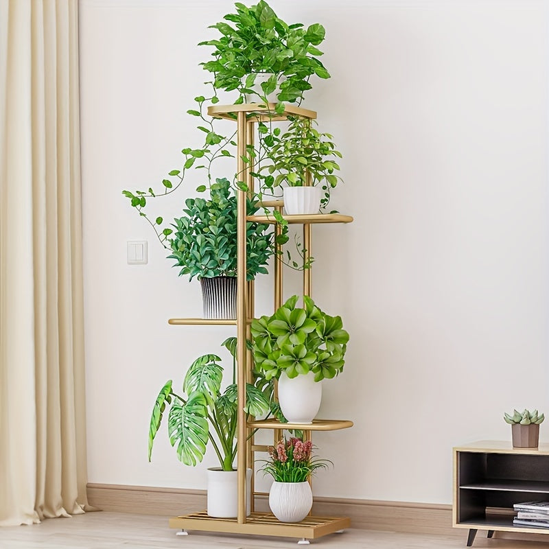 1pc 5 capas hierro forjado estante de la flor con 6 ollas-perfecto para balcón, plantas suculentas y decoración del hogar-Simple planta de montaje soporte para sala de estar