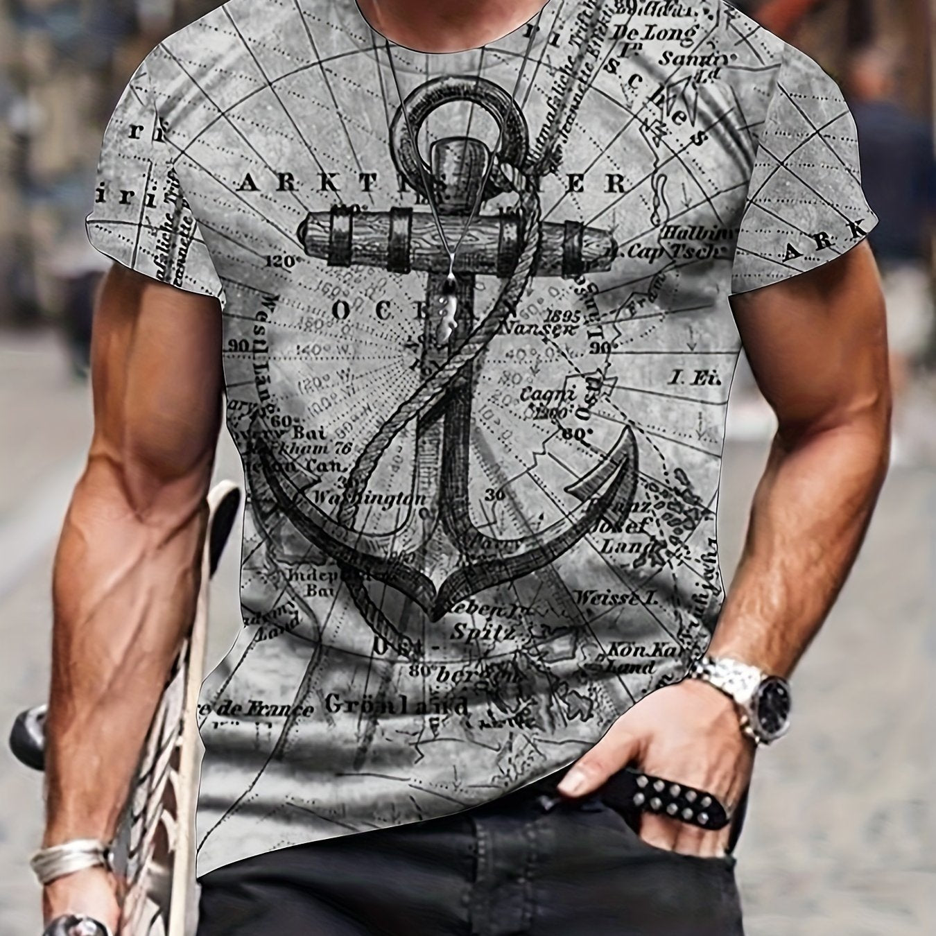 PLUS SIZE Men's 3D Anchor Graphic Print T-shirt For Summer, Street Style Short-sleeve Tees Tops For Big & Tall Guys