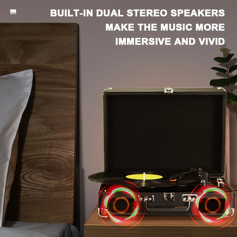 1pc Wireless Speaker Vinyl Record Player With Wireless 5.0,Portable Suitcase Turntables With Built-in Stereo Speakers,AUX-in RCA Line Out Headphone Jack,Built In Rechargeable Battery For Indoor And Outdoor Using.