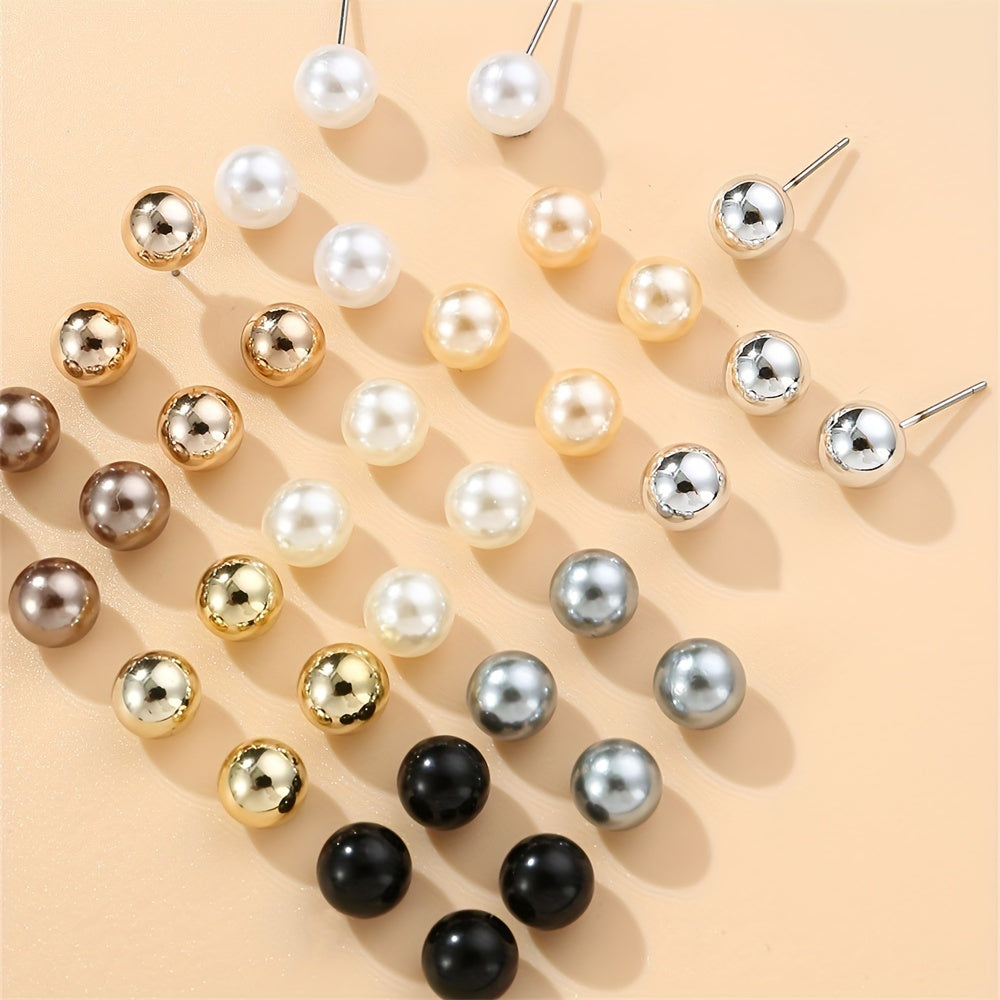 18 Pairs Of Simple Imitation Pearl Stud Earrings Leisure Elegant Style Lightweight Female Ear Decor For Women Daily Wear