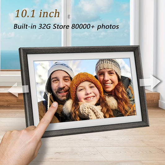 Frameo 32GB Memory 10.1 Inch Smart Digital Picture Frame Wood WiFi IPS HD 1080P Electronic Digital Photo Frame Touch Screen With Auto-Rotate Easy Setup To Use IOS And Android App From MQQC Share Moments Instantly Via Frameo App From Anywhere
