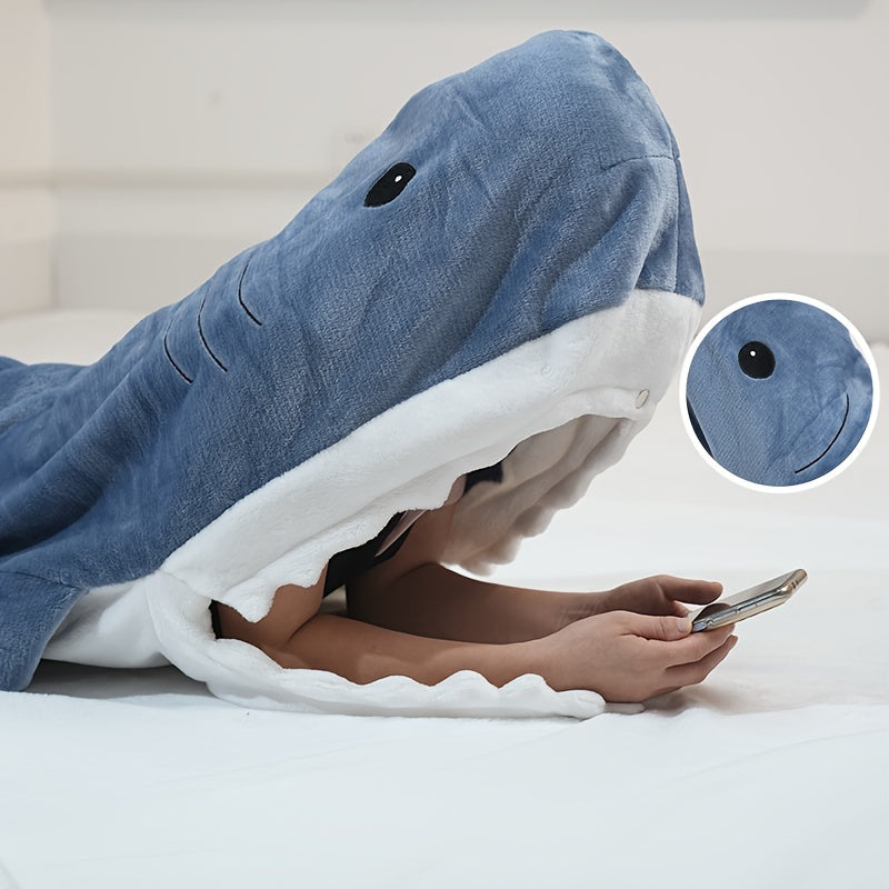 1pc Shark Blanket For Adult, Reversible Flannel Embroidered Wearable Shark Blanket, Super Soft Cozy Flannel Hoodie, Shark Blanket Hoodie Sleeping Bag, Wearable Fleece Throw Blanket