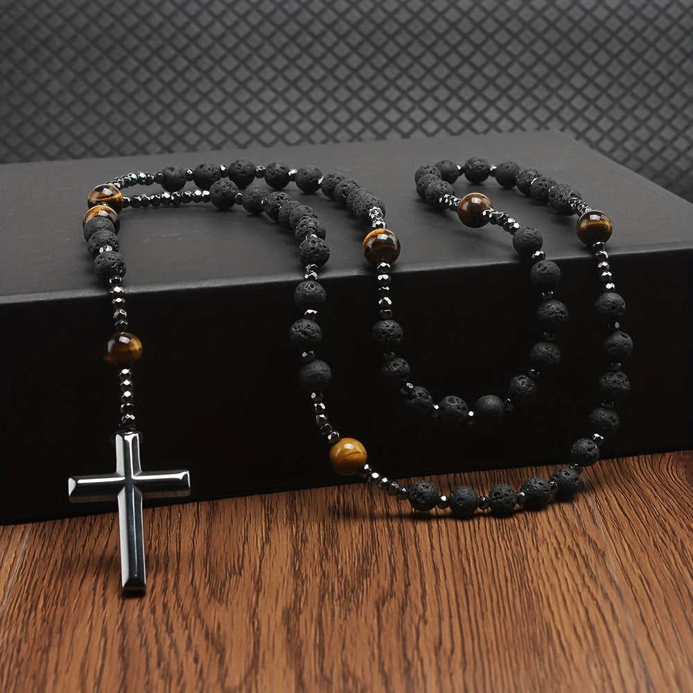 1pc 8mm Black Volcanic Rock 10mm Yellow Tiger Eye Black Gallstone Cross Religious Necklace