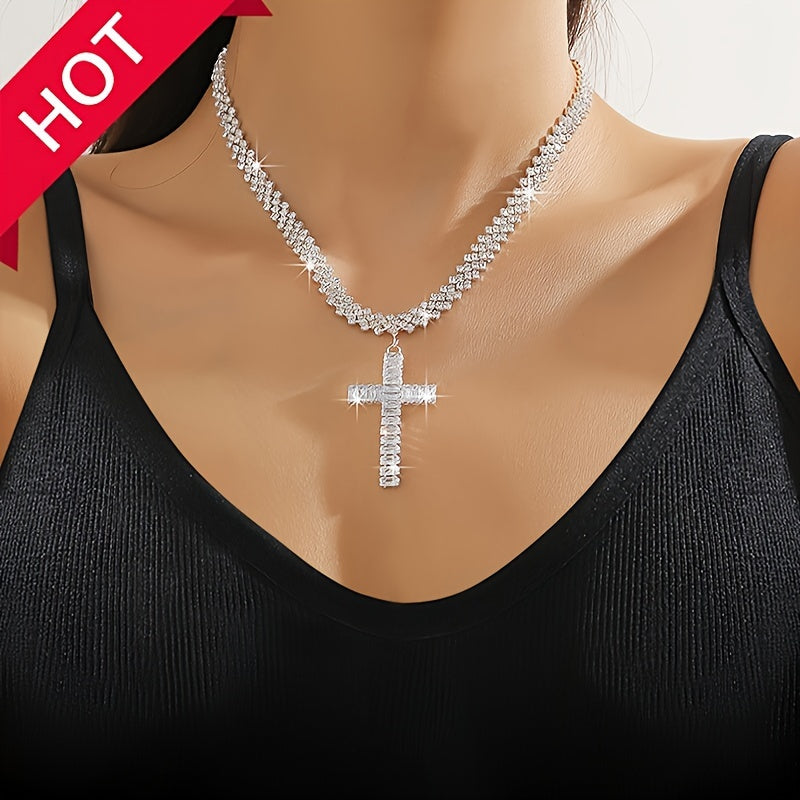 Luxury Glitter Zircon Cross Pendant Necklace For Women Wedding Party Engagement Gift Jewelry