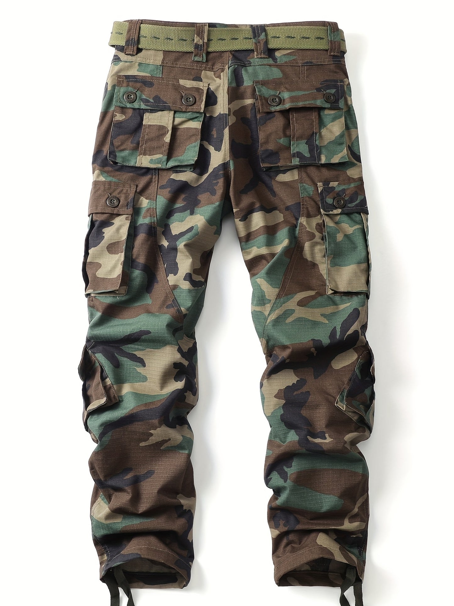 Mezcla de algodón Camo Multi Flap bolsillos pantalones de carga de la pierna recta de los hombres, pantalones sueltos al aire libre ocasionales, pantalones de trabajo tácticos para los hombres