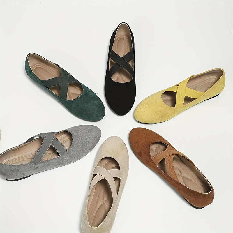 Femmes Cross Strap Ballet Flats, Solide Couleur Sangle Élastique Slip Sur Chaussures, Casual Soft Sole Flats