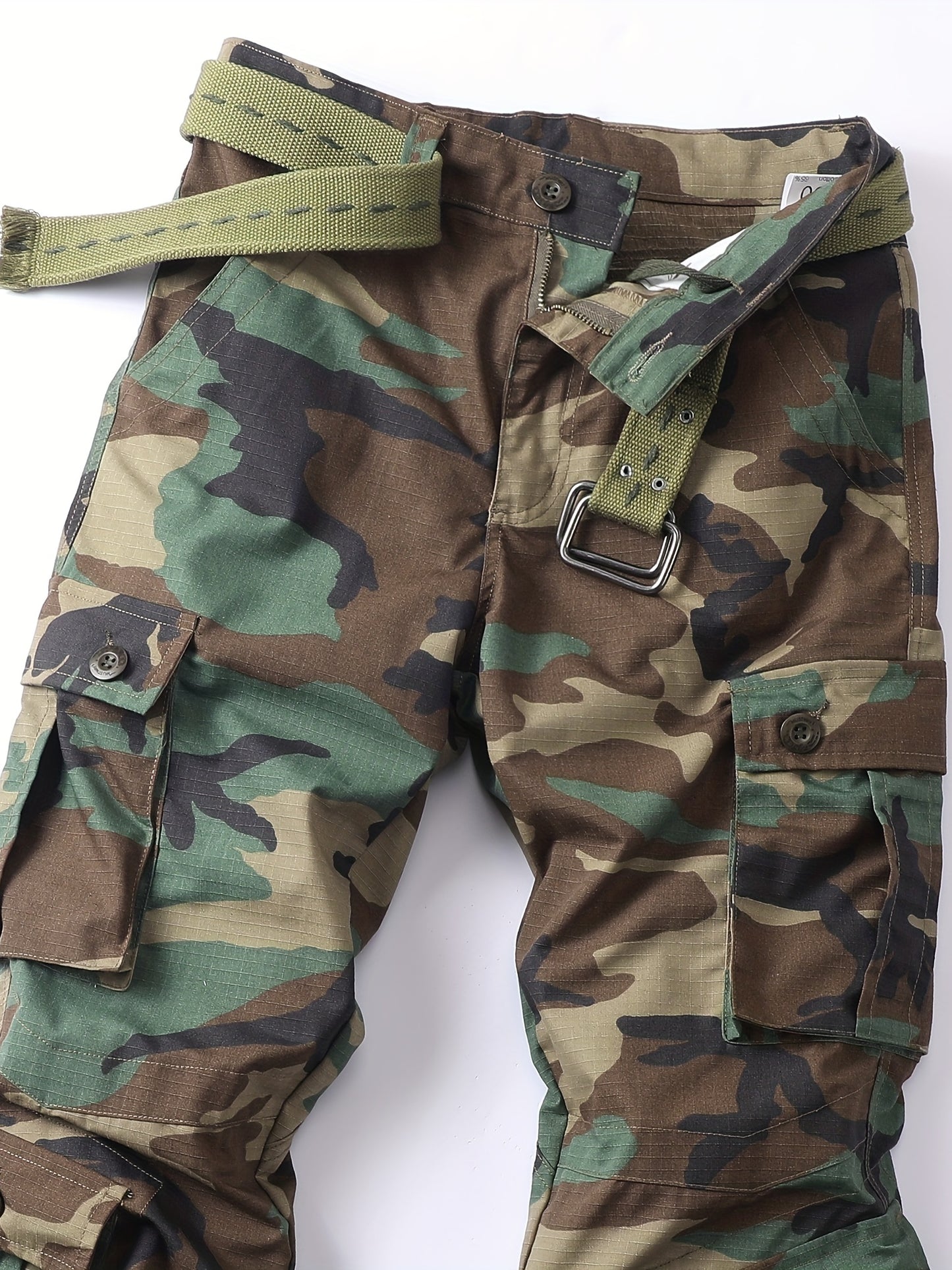 Mezcla de algodón Camo Multi Flap bolsillos pantalones de carga de la pierna recta de los hombres, pantalones sueltos al aire libre ocasionales, pantalones de trabajo tácticos para los hombres