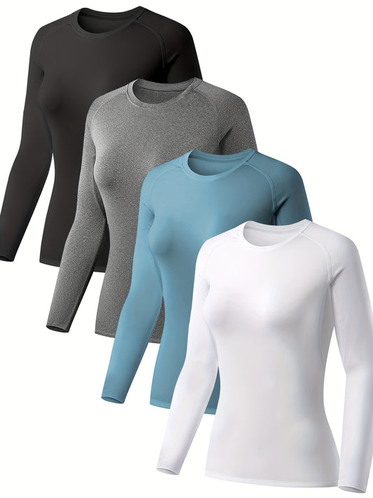 4Pcs Solid Color Sporty T-Shirt, Long Sleeves Round Neck Mid-Stretch Fitness Top, Women's Activewear