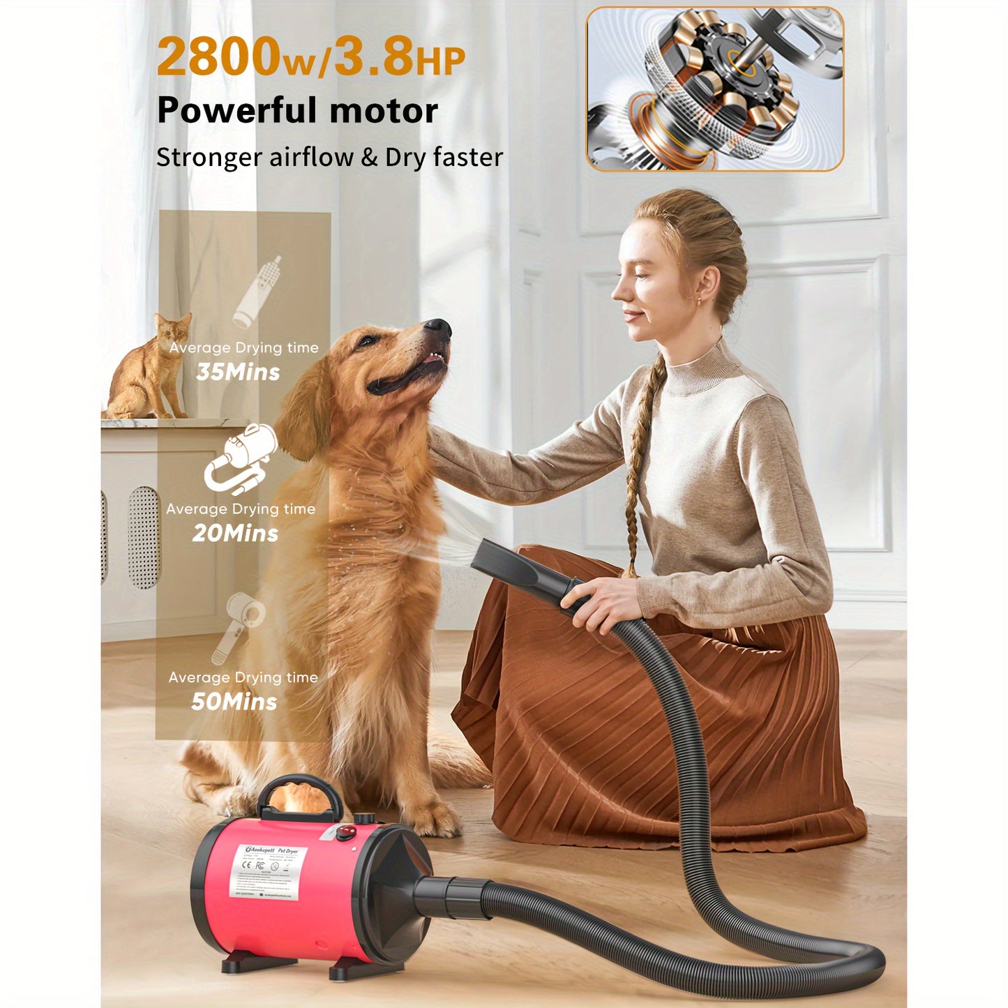 Secador de cães Aookupett para cuidar de cães, secador de cabelo de alta velocidade 2800w \u002F3.8HP para cães, secador de animais de estimação com velocidade ajustável contínua, secador de cabelo de cachorro para gatos e cães com aquecedor, 4 bicos, dom