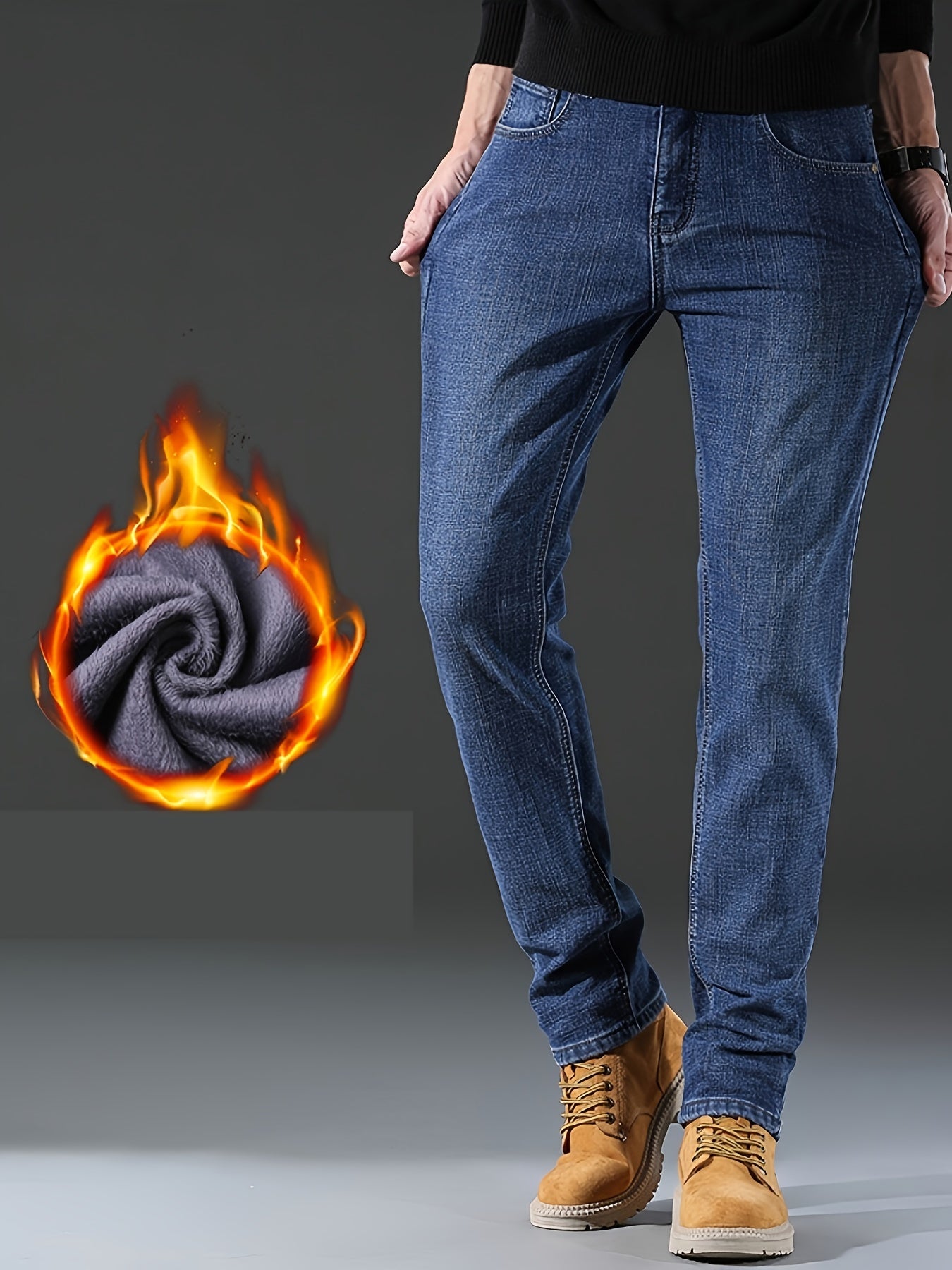 Men's Warm Fleece Jeans For Business, Casual Street Style Denim Pants With Pockets For Fall Winter