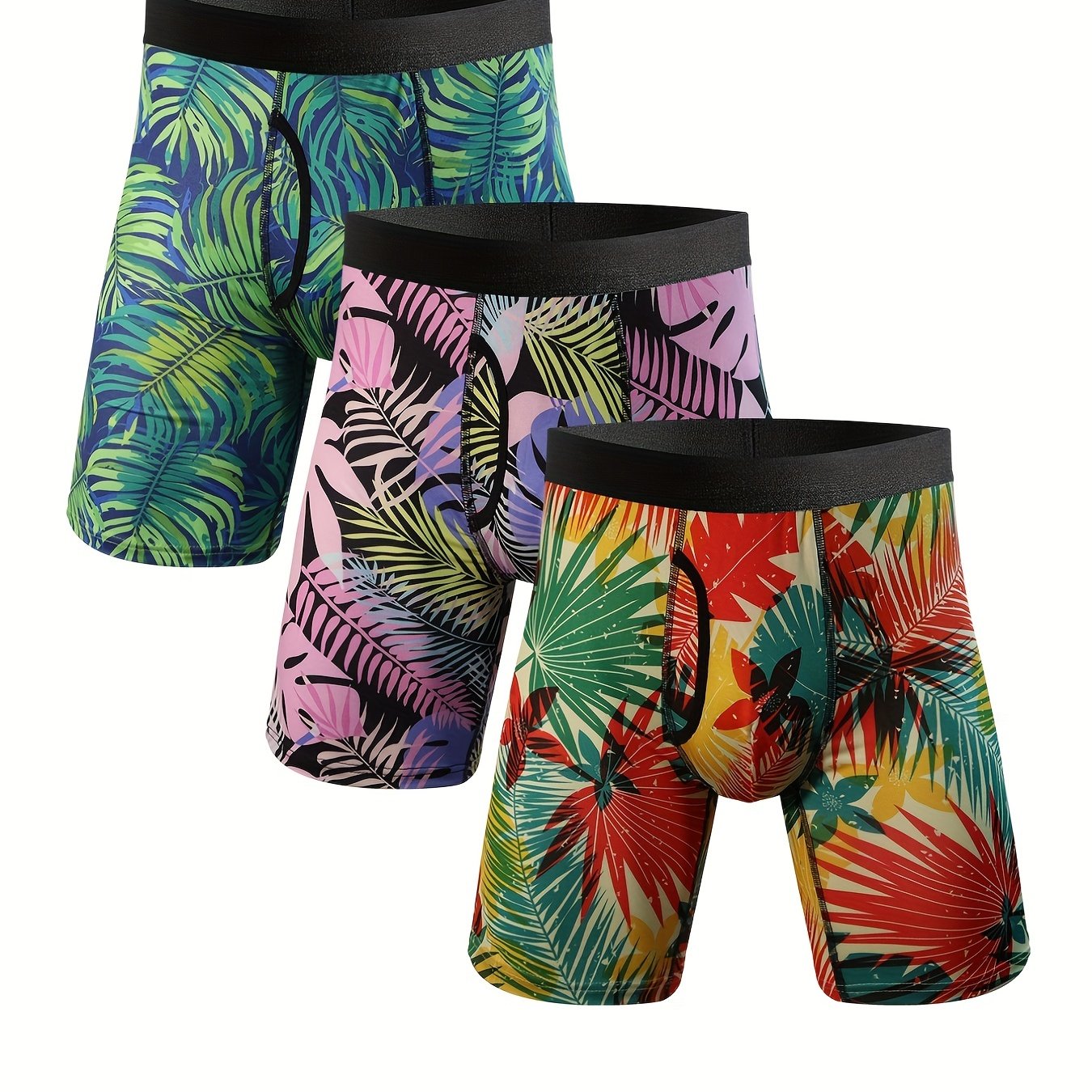 3pcs Men's Plus Size Tropical Plant Print Personality Fashion Novelty Long Boxes Briefs, Sports Briefs, High Stretch Comfortable Underwear