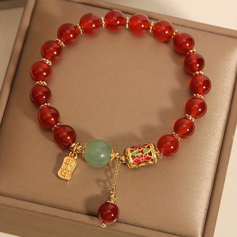 1 pulsera afortunada para mujeres hombres, pulsera de ágata roja sintética retro para amigo de la familia, pulsera de cuentas rojas nicho, como regalo para novio novia y mejor amigo