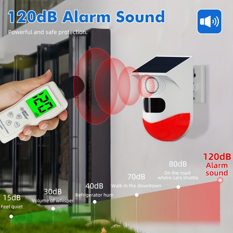 1 pacote de luz de alarme estroboscópica solar com detector de sensor de movimento, luzes de alarme externas inteligentes, controle remoto de sirene de som de 120db, 7 modos, notificação de aplicativo em tempo real para casa, fazenda, celeiro, vila, quint