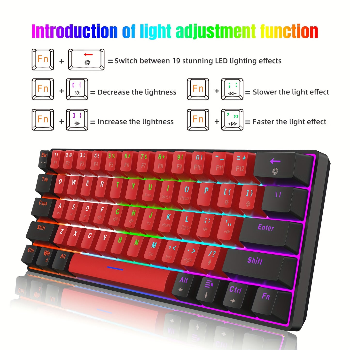 Snpurdiri 60% teclado mecánico con cable, mini teclado para juegos con 61 teclas de interruptores rojos para PC, Windows XP, Win 7, Win 10 (negro-rojo, interruptores rojos)