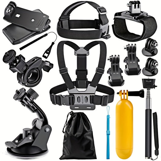 12 Pcs In 1 Gopro Accessories(Rotating Bag Clip+Head Strap+Chest Strap+Wrist Strap+ Suction Cup+Buoyancy Rods+Selfie Stick), Outdoor Photography Accessories, The First Perspective. Use For Gopro 7-9, SanGo, DJI Osmo,Puluz