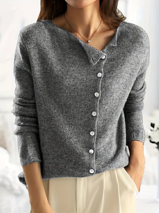 Solid Asymmetrical Button Front Knit Cardigan, Casual Crew Neck Long Sleeve Sweater, Women's Clothing