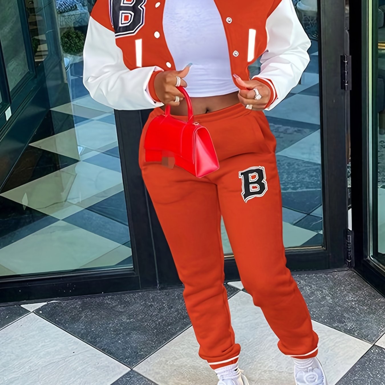 Casual Letter Print Two-piece Set, Color Block Bomber Jacket & Slant Pockets Pants Outfits, Women's Clothing