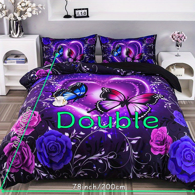 3pcs Duvet Cover Set, Fashion Classic Popular Butterfly Flower Digital Print Bedding Set, Soft Comfortable Duvet Cover, For Bedroom, Guest Room (1*Duvet Cover + 2*Pillowcase, Without Core And Quilt)