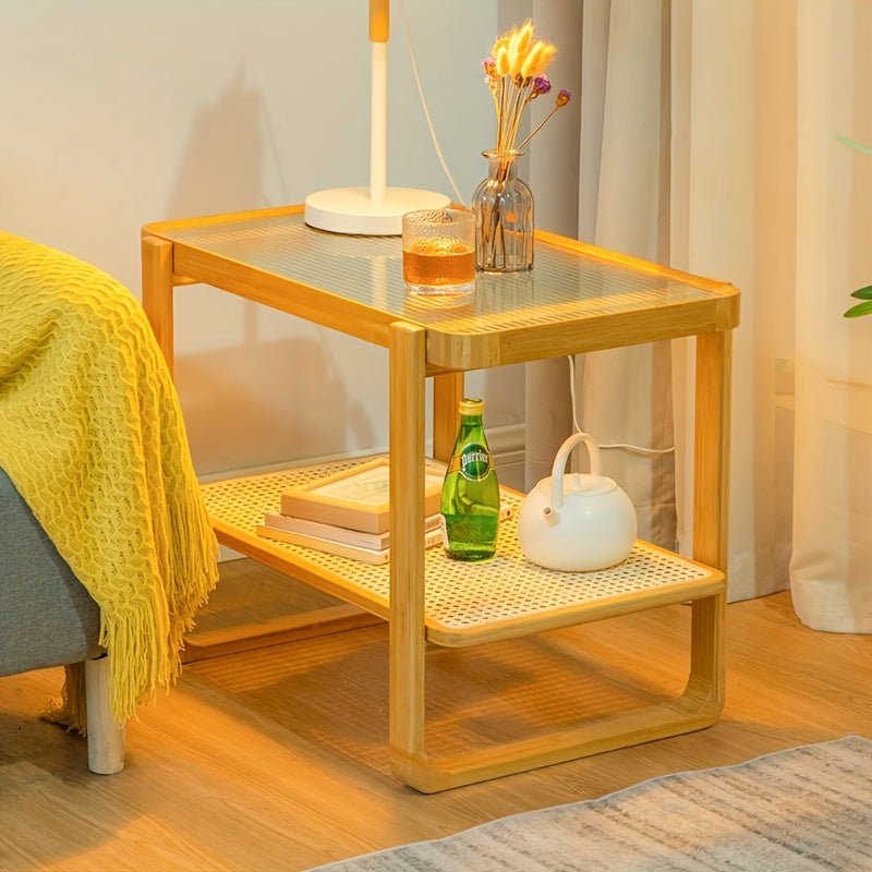 1pc Sea Shipping. Sofa Side Table, Minimalist Living Room Mini Balcony Small Coffee Table, Log Color Glass Bedside Table Rattan Braided Corner Table