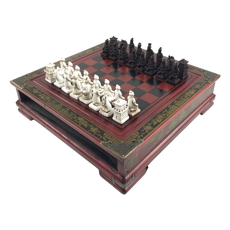 Antikes Schach Drei dimensionale Terrakotta-Armee-Schachfiguren, hochwertige Retro-Holztisch-Schach handgemacht 26*26CM (10,24*10,24 IN) Halloween \ u002FThanksgiving Day \ u002FWeihnachts geschenk, Gaming-Geschenk