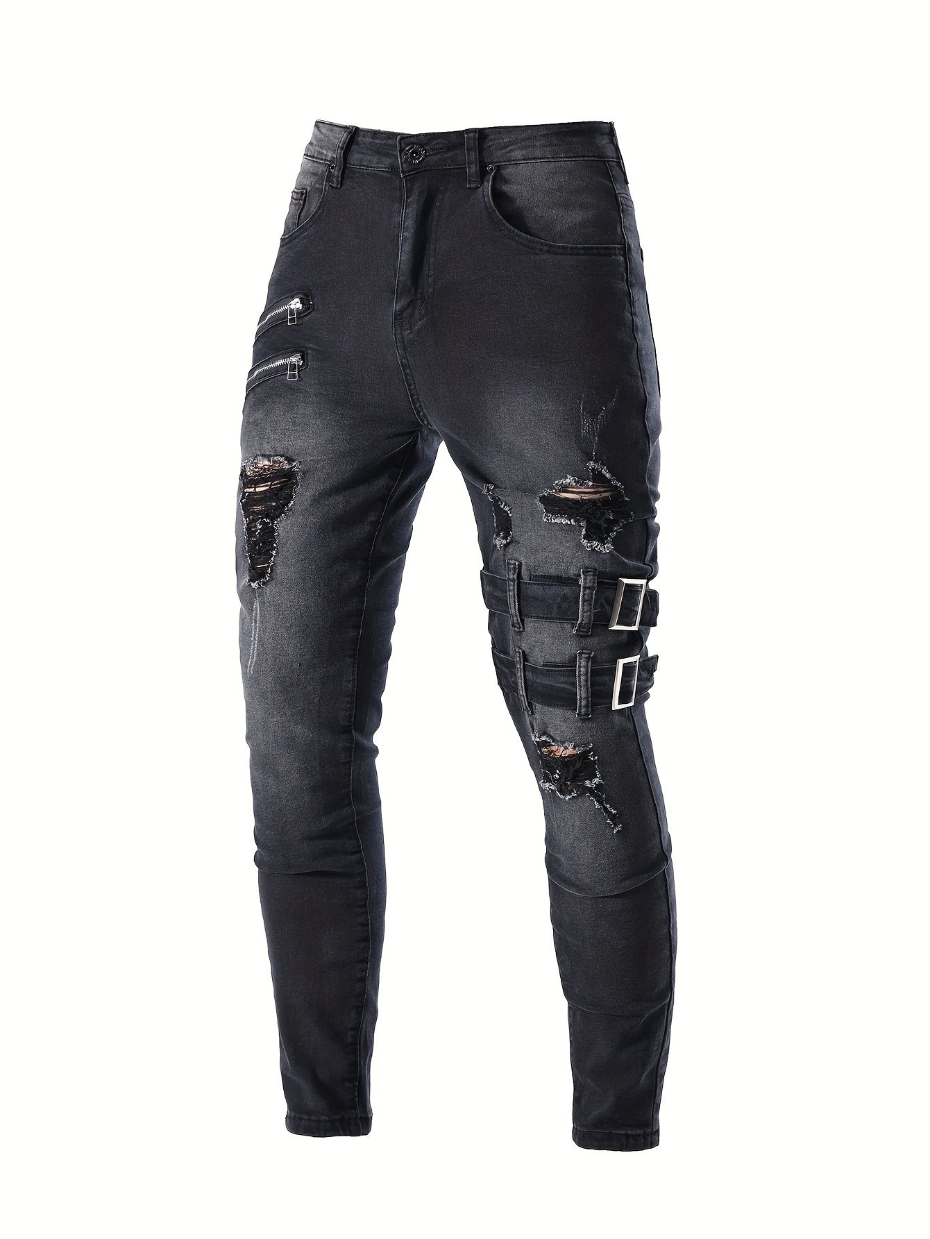 Men's Chic Skinny Biker Jeans, Casual Street Style Medium Stretch Denim Pants