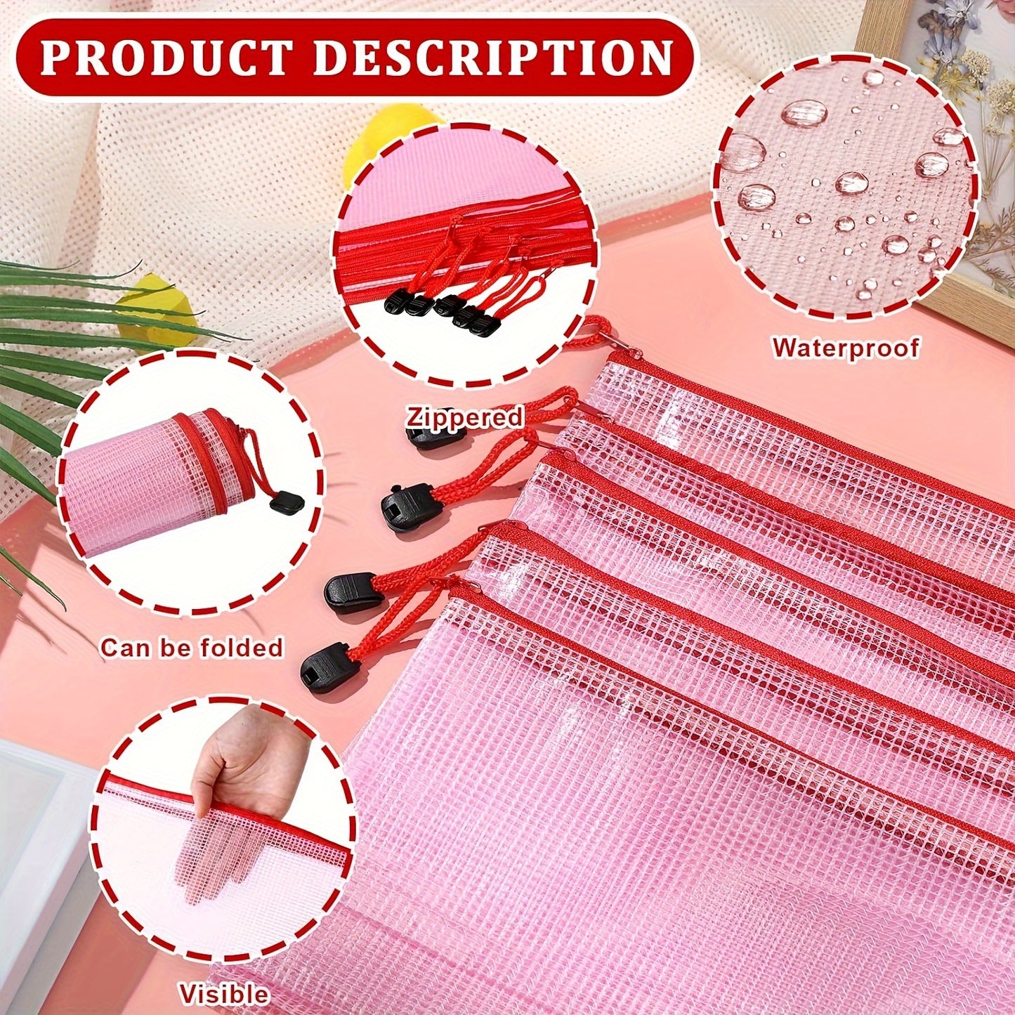 50pcs Mesh Zipper Pouch Zipper Sacs 5 tailles Sacs de rangement imperméables Sacs de voyage avec fermeture éclair Sac de puzzle en plastique Sacs de fichiers polyvalents pour la maison Bureau Fournitures scolaires Organisation (Rose)